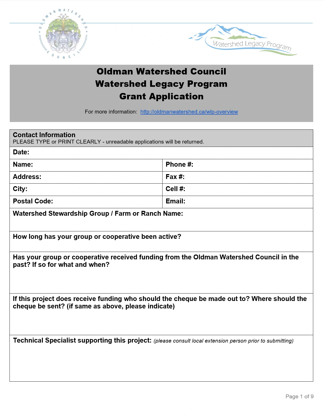 Oldman Watershed Council Watershed Legacy Program Grant Application